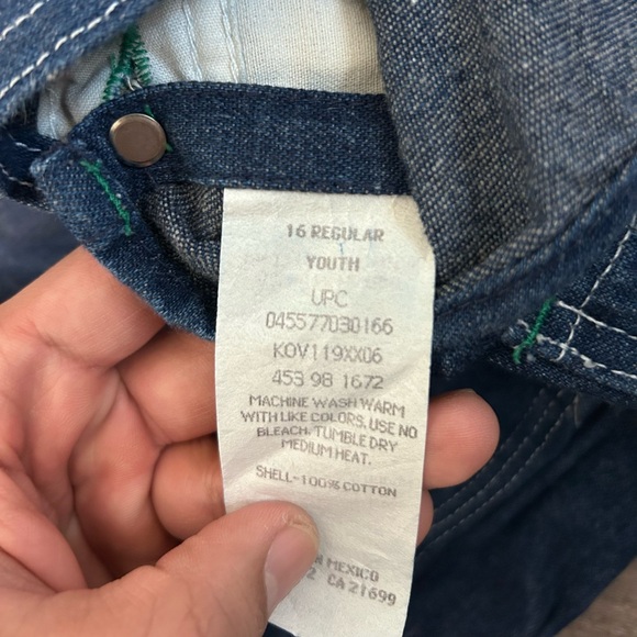 Liberty Bib Overalls Youth 16 Regular Blue Denim Adjustable Straps Green Trim - Picture 8 of 15